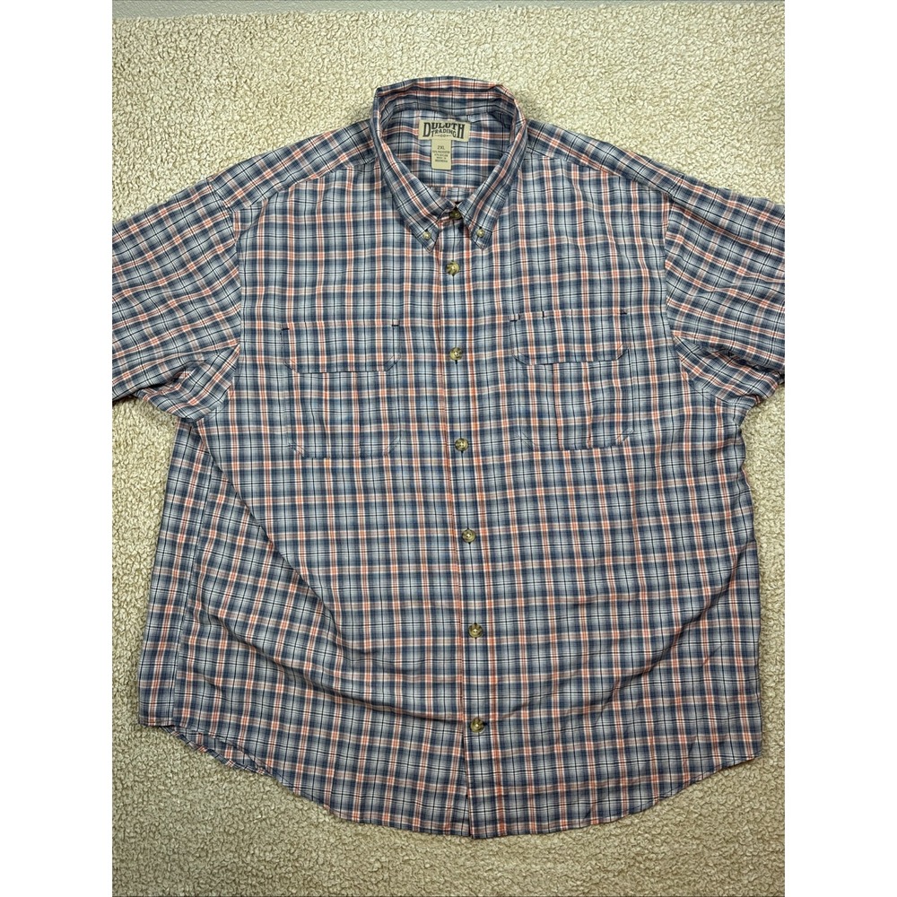 Duluth Trading Button Down Shirt Mens 2XL Blue White Plaid Work Pockets